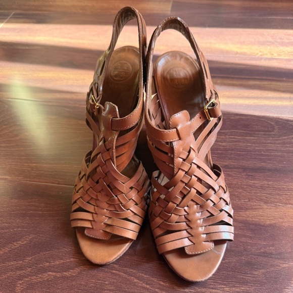 TORY BURCH Women's Brown Leather Woven Wedge Sandals Size 11 - Picture 1 of 7